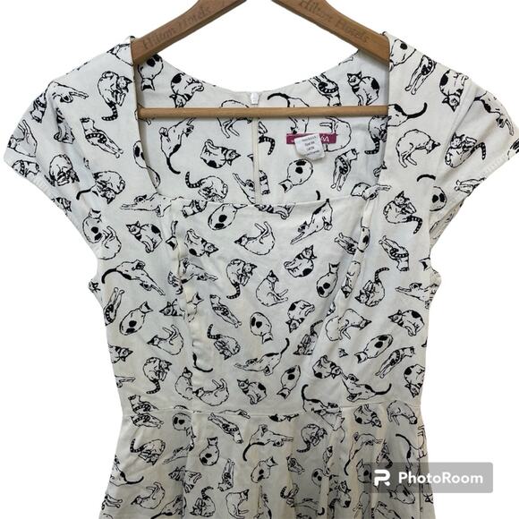 Ixia Women’s Cat Print Fit & Flare Dress White & Black Retro Style Made In USA L - Picture 3 of 9